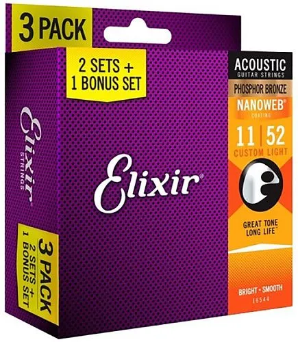 Elixir 16544 Nanoweb (11-52) Три комплекта струн для акустической гитары, Custom Light.